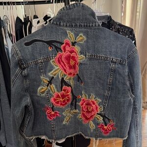 Cropped Embroidered Blue Denim Jacket